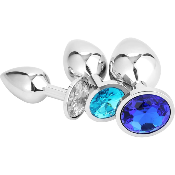 3 daļu metāla anālais plug komplekts ar zilu kristālu – dažādi izmēri baudas meistariem