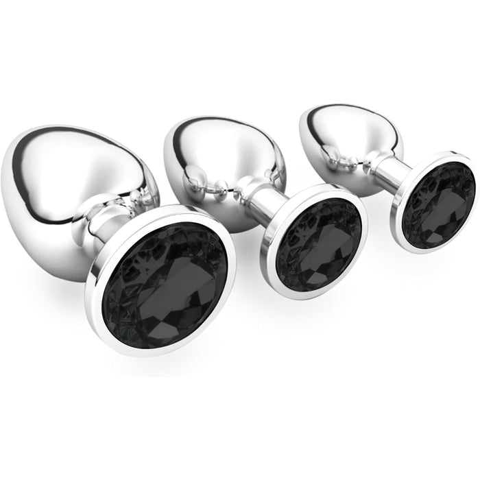 3 Daļu Metāla Anālās Rotaļlietas Komplektu ar Dimanta Kristālu – Mazs, Vidējs, Liels