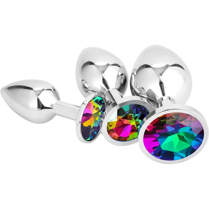 Набор из 3 металлических анальных пробок с сильной присоской – радужный кристалл
