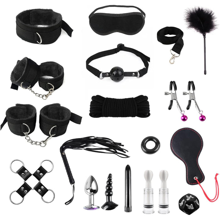 17 detaļu BDSM ierobežojumu komplekts pārim ar regulējamiem roku un potīšu saistvielām