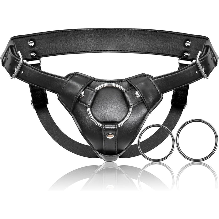 Регулируемый Кожаный Strap-On Harness с Двумя Металлическими O-Кольцами и Сильной Присоской