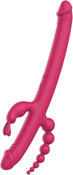 Universāls rozā vibrators ar 2 peniem, zaķīti un anālkugām