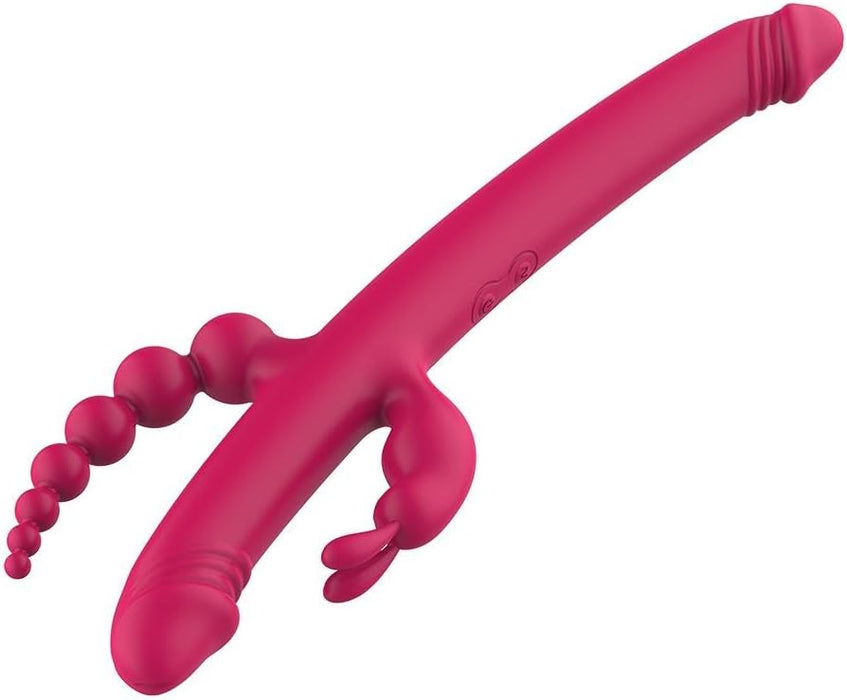 Universāls rozā vibrators ar 2 peniem, zaķīti un anālkugām