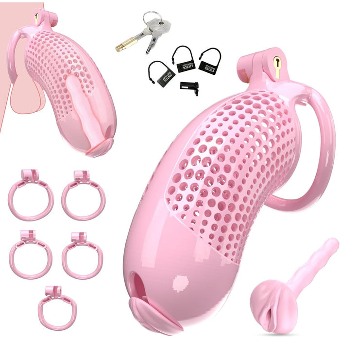Мужской пенис-замок с женской имитацией влагалища и 5 кольцами XXL, розовый с сильной присоской