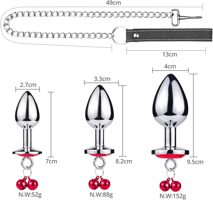 Набор из 3 металлических анальных пробок с цепочкой, колокольчиками и кристаллом