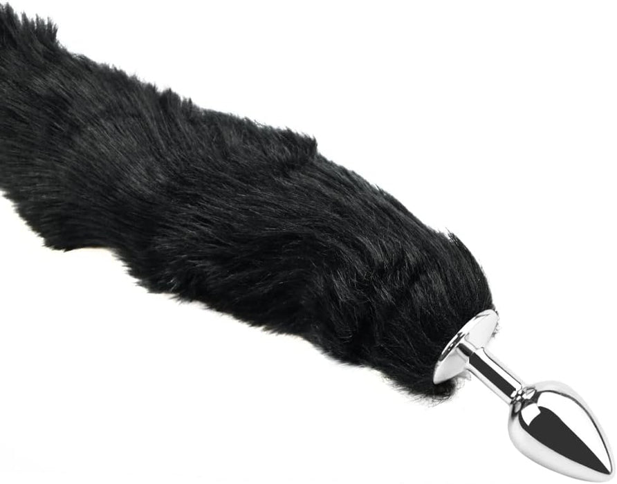 Длинная анальная пробка с металлом и мягким лисьим хвостом, размер M
