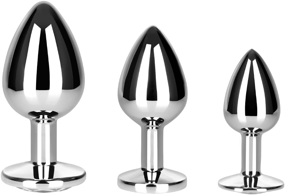 Набор из 3 алюминиевых анальных пробок с кристаллами и широкой базой с сильной присоской