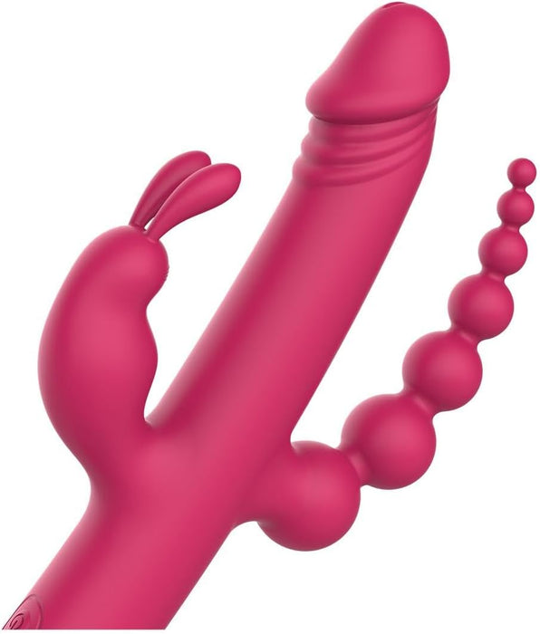 Universāls rozā vibrators ar 2 peniem, zaķīti un anālkugām