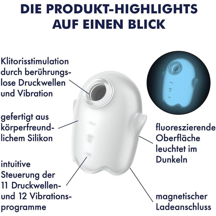Satisfyer Glowing Ghost White – diskretiškas, intensyvus klitorio stimuliatorius su švytėjimo funkcija ir vibracijomis