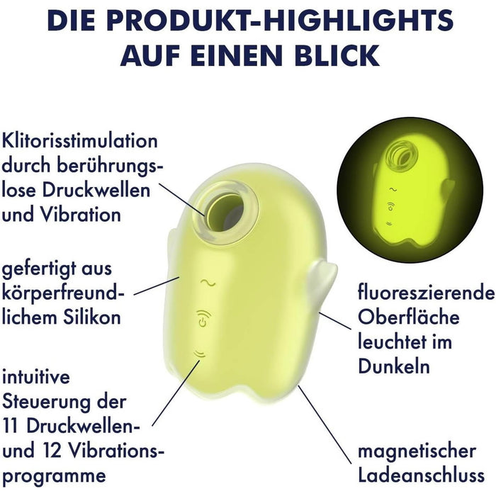 Satisfyer Glowing Ghost Geltonas – Vandeniui atsparus spindintis vakuuminis klitorio stimuliatorius su 11 intensyvumo lygių