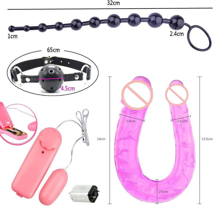 21 daļas BDSM rotaļlietu komplekts ar dubulto dildo un vibratoru