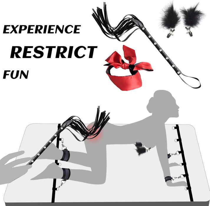 7 daļu BDSM komplekts ar gultas siksnām, roku dzelžiem un acu masku