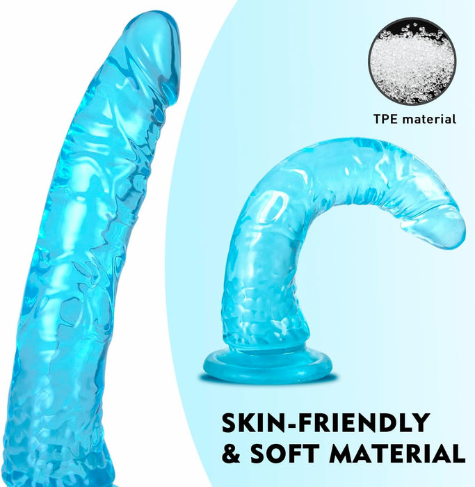 Liels reālistisks dildo ar stipru piesūcekni, caurspīdīgs zilā krāsā