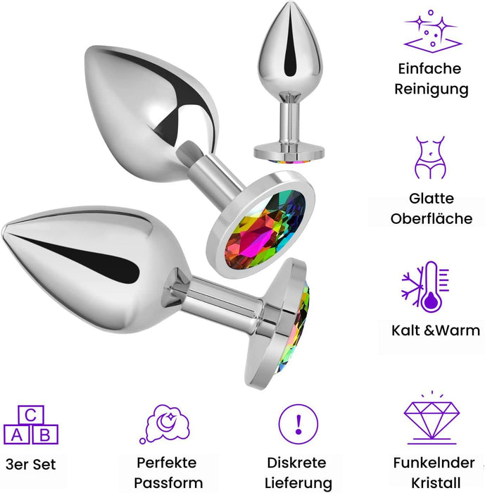 Набор из 3 металлических анальных пробок с сильной присоской – радужный кристалл