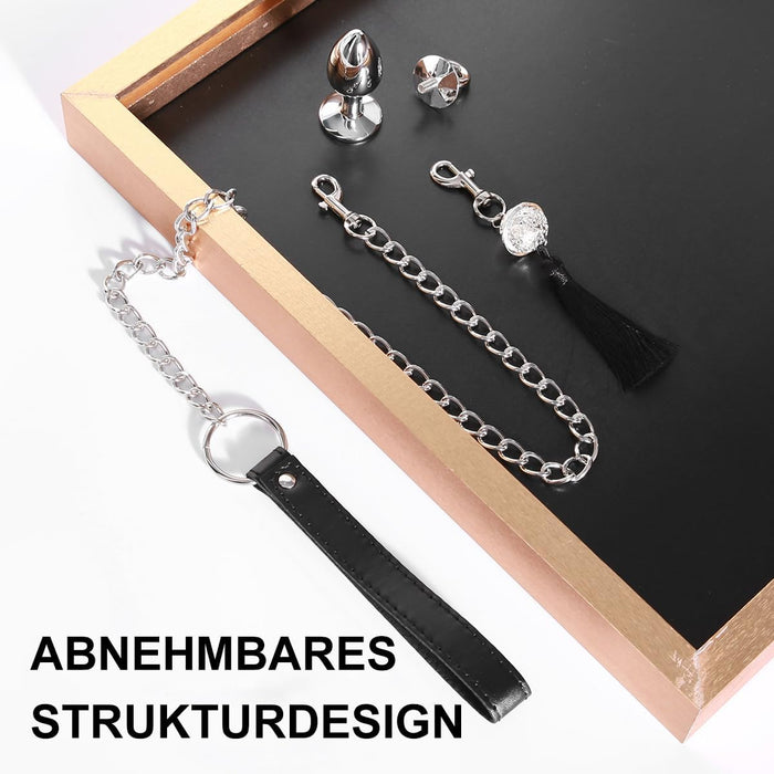 Металлический анальный плаг с сильной присоской и кожаной цепочкой