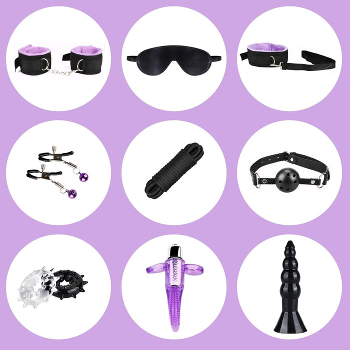 15 daļu iesācēju SM ierobežojumu komplekts ar ādas roku dzelžiem un acu masku