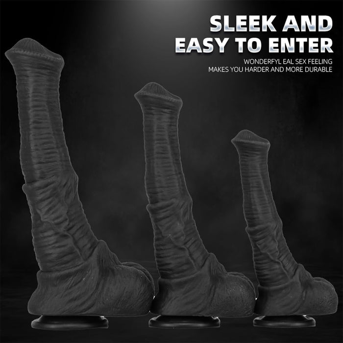 Реалистичный чёрный армированный дилдо в форме лошади с сильной присоской