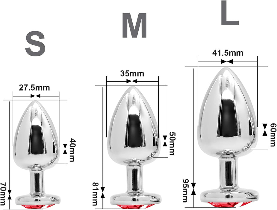 Набор из 3 металлических анальных плагов с кристаллом в форме сердца, с сильной присоской