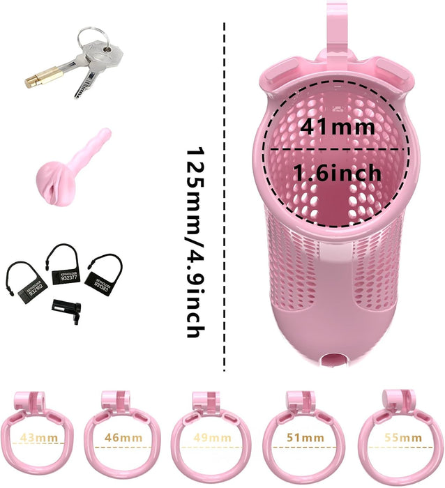 Мужской пенис-замок с женской имитацией влагалища и 5 кольцами XXL, розовый с сильной присоской