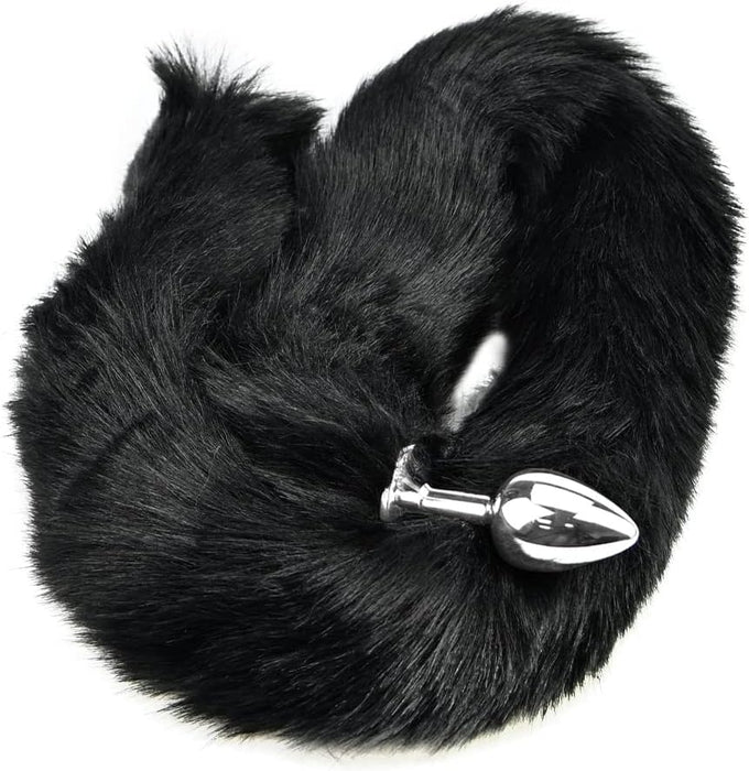 Длинная анальная пробка с металлом и мягким лисьим хвостом, размер M