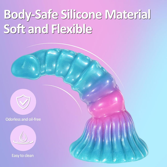 23 cm krāsains fantāzijas dildo ar spēcīgu piesūcekni un mirdzošu gradientu