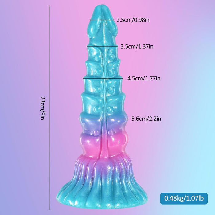23 cm krāsains fantāzijas dildo ar spēcīgu piesūcekni un mirdzošu gradientu