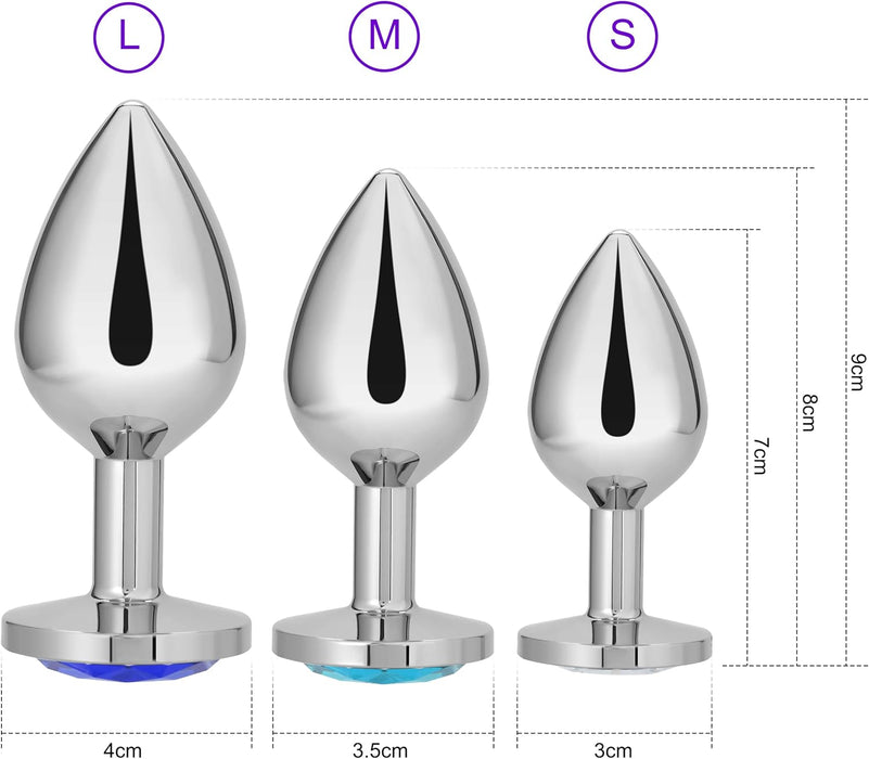3 daļu metāla anālais plug komplekts ar zilu kristālu – dažādi izmēri baudas meistariem