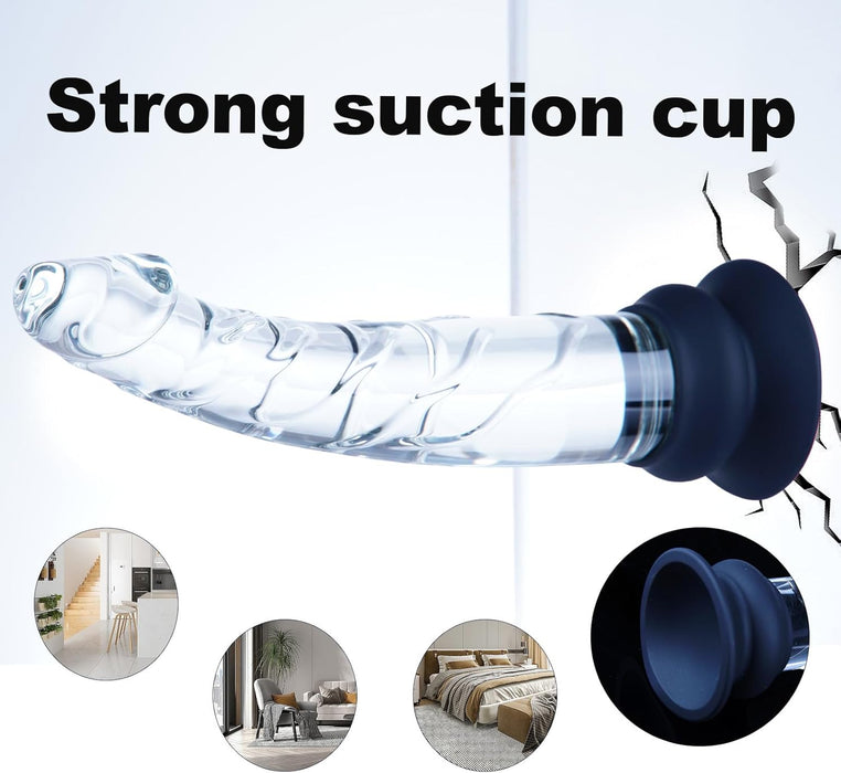 23 см Прозрачный Стеклянный Фаллоимитатор с Текстурами и Силиконовой Присоской