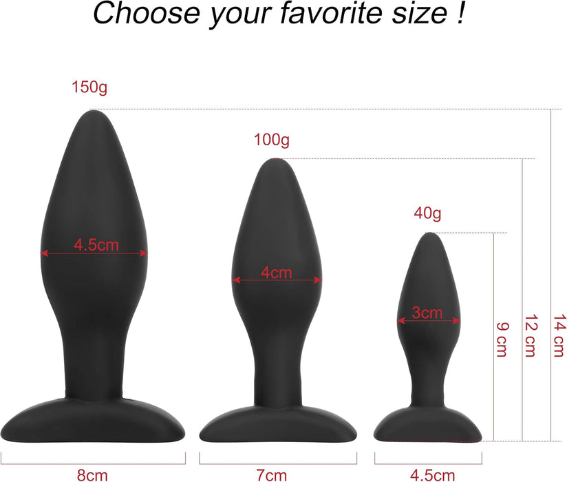 Silikona anālie spraudņi ar statīvu, 3 izmēru komplekts melnā krāsā