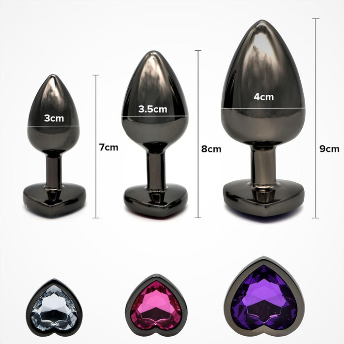 Металлические анальные пробки 3 размера с сильной присоской в форме сердца