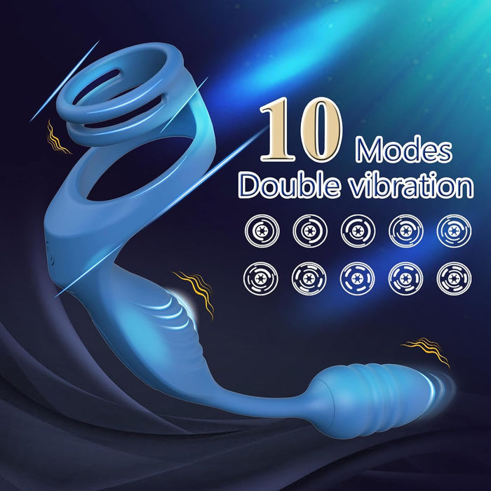 Вибратор с двойным мотором, пенис-кольцом и анальной пробкой с сильной присоской для мужчин
