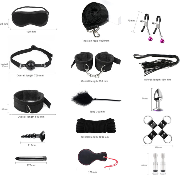 17 detaļu BDSM ierobežojumu komplekts pārim ar regulējamiem roku un potīšu saistvielām