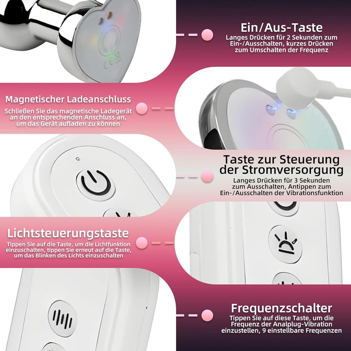 Анальный вибратор из нержавеющей стали с дистанционным управлением и мигающей подсветкой