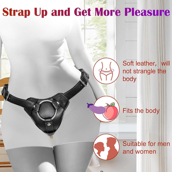 Регулируемый Кожаный Strap-On Harness с Двумя Металлическими O-Кольцами и Сильной Присоской
