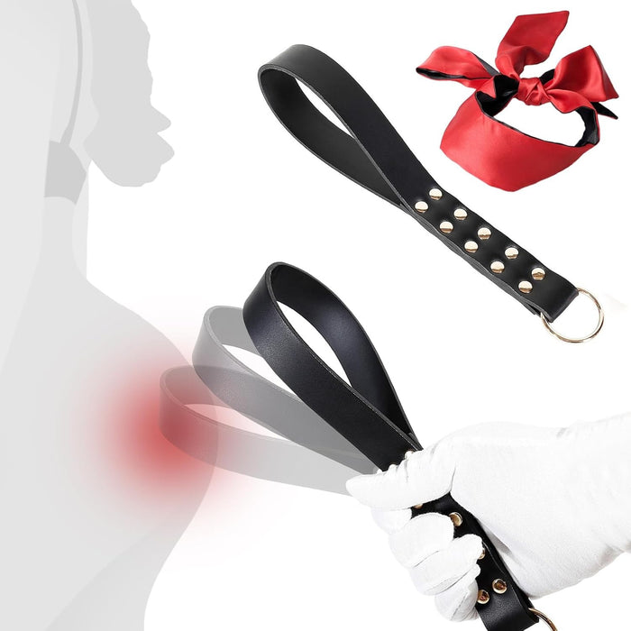 Daudzveidīgs BDSM komplekts ar āmuru, plaukšķi, acu masku un aprocēm