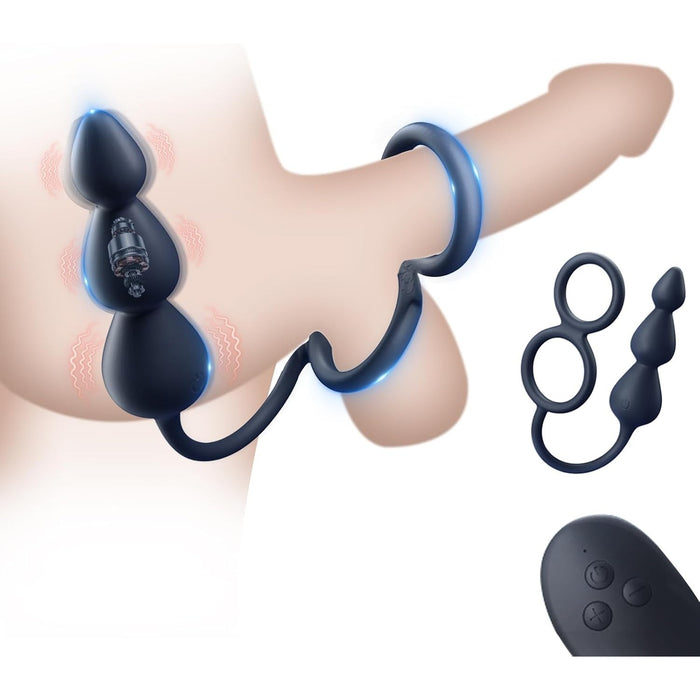Anālais vibrators ar dzimumlocekļa un sēklinieku gredzeniem, 10 vibrācijas režīmi, tālvadība