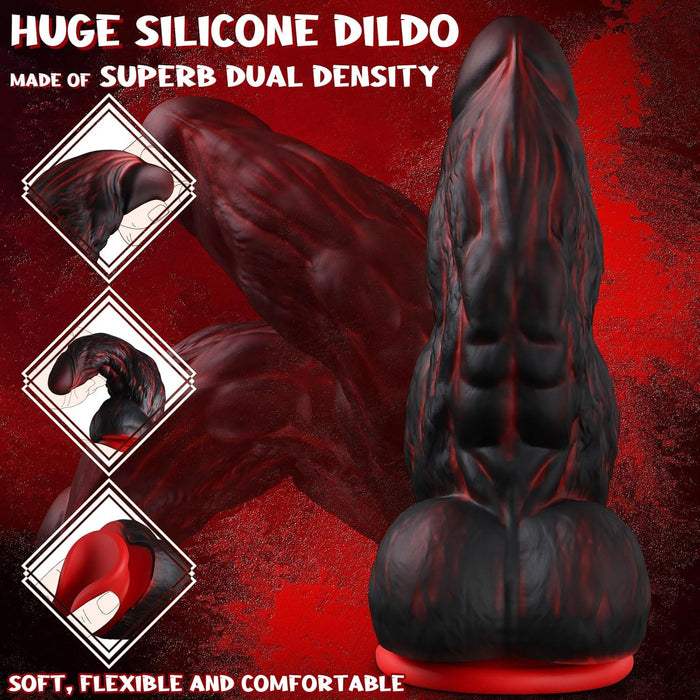 Monster Knot dildo XXL ar 2 bieziem mezgliem un piesūcekni – melns-sarkans