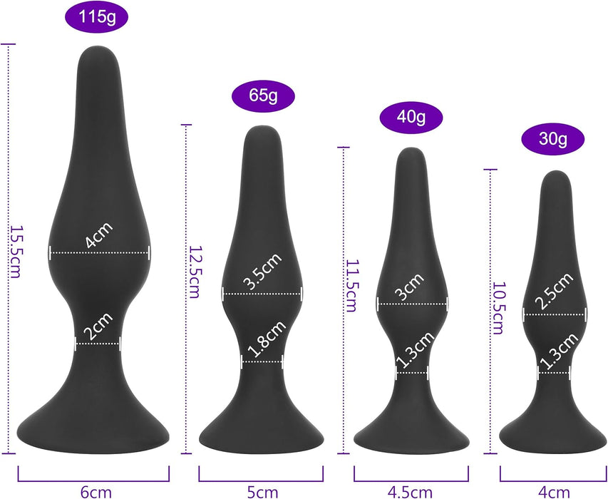 Набор из 4 анальных пробок с сильной присоской – черные, разные размеры