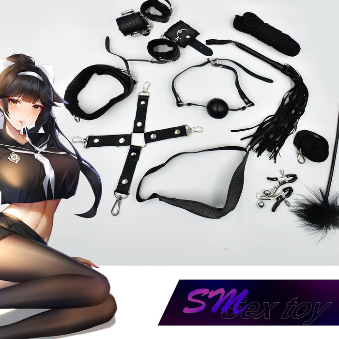10 daļu BDSM komplekts iesācējiem ar regulējamām siksnām un aprocēm