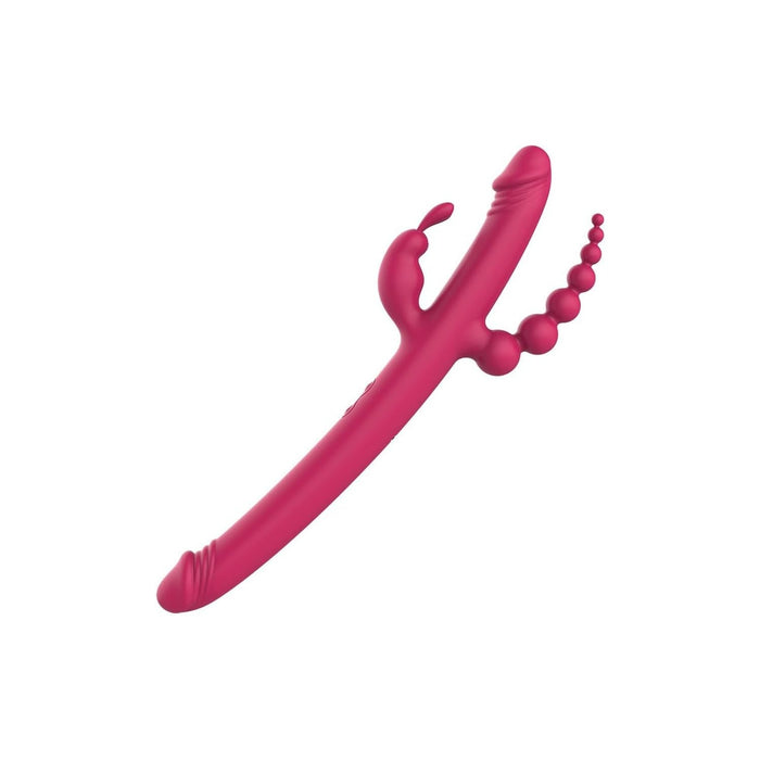 Universāls rozā vibrators ar 2 peniem, zaķīti un anālkugām