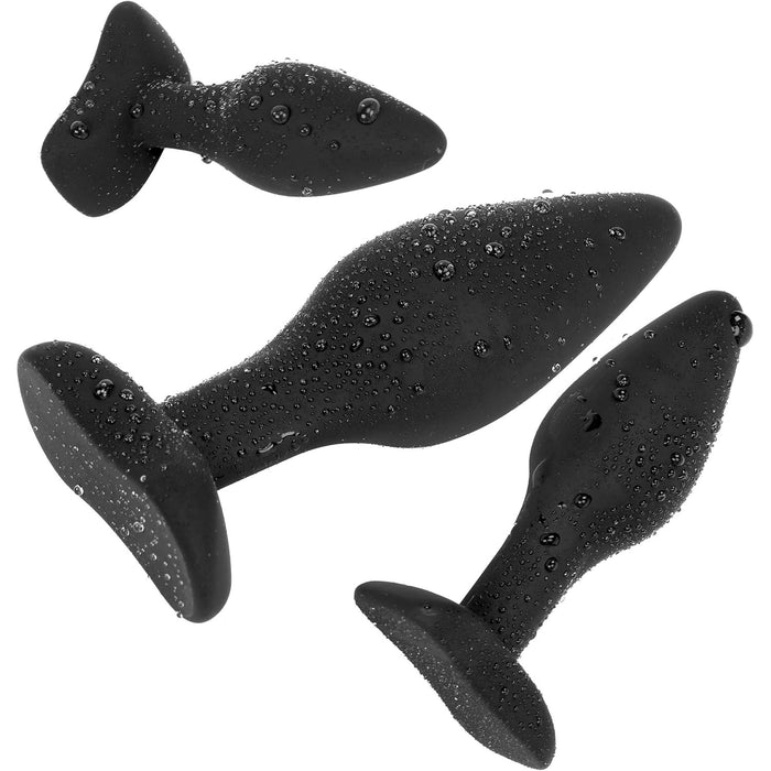 Silikona anālie spraudņi ar statīvu, 3 izmēru komplekts melnā krāsā