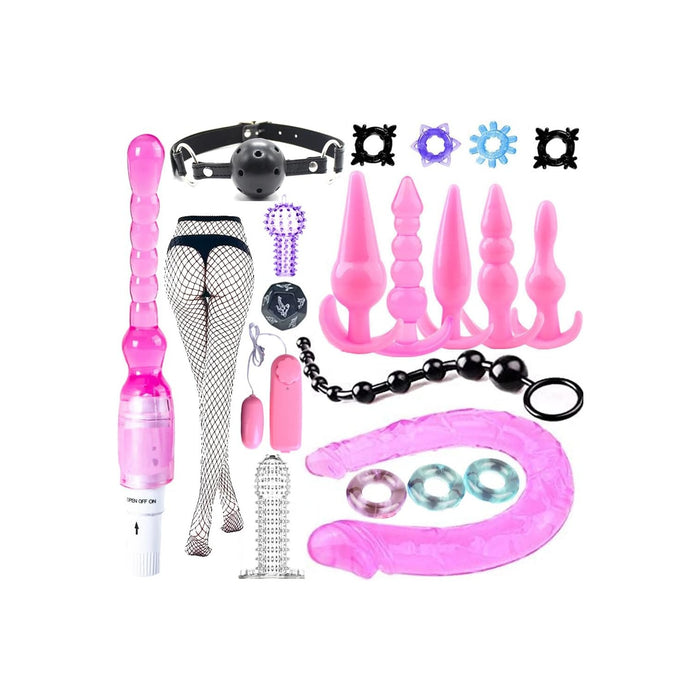 21 daļas BDSM rotaļlietu komplekts ar dubulto dildo un vibratoru
