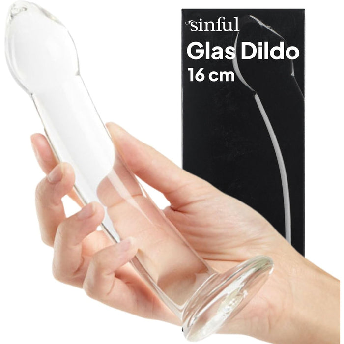 Elegants 16 cm stikla Curvy dildo – G punkta un prostatas stimulators ar gludu virsmu