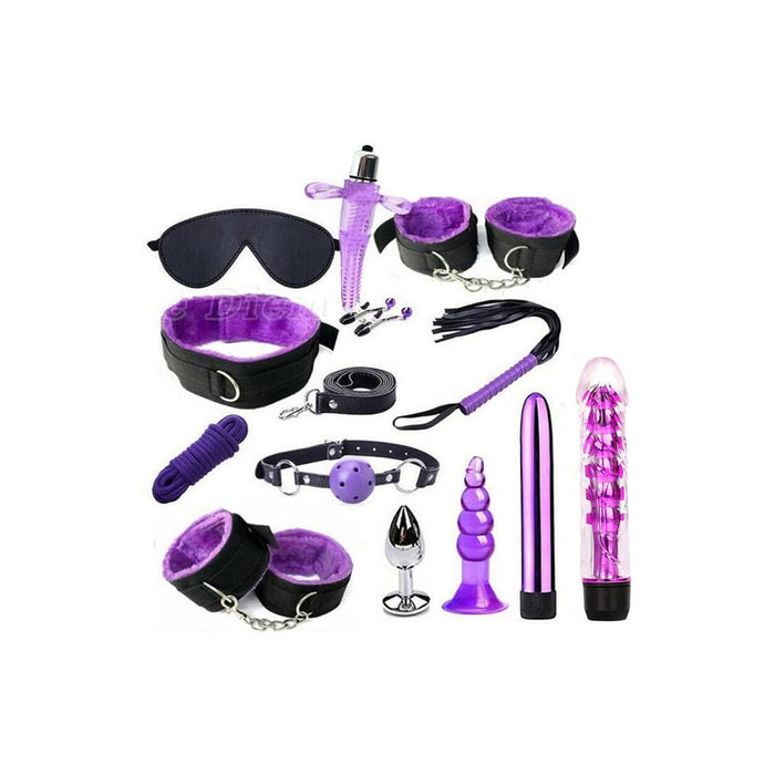 Эротический 13 предметов набор SM из кожи с наручниками и пробкой для пар (фиолетовый) с сильной присоской