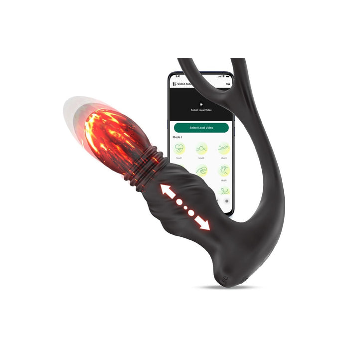 Анал-вибратор с приложением и с сильной присоской, 9 вибро- и телескопических режимов, кольцо для пениса