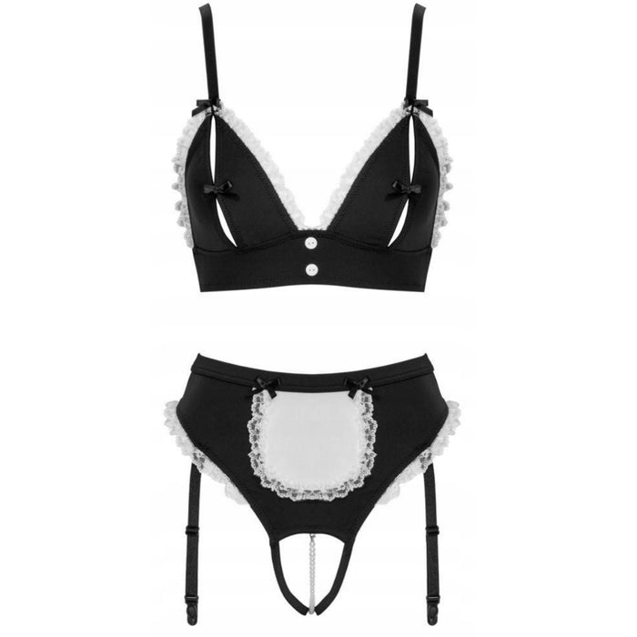 Seksīga kalpones tērps – melna korsete ar piestiprinātām zeķēm un pērļu ķēdīti, S izmērs