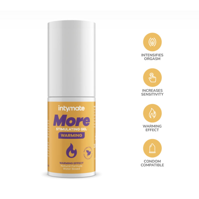 INTYMATE More Heat – šildantis stimuliuojantis gelis vyrams ir moterims. Vandens pagrindu, natūralūs ingredientai, suderinamas su prezervatyvais. 30 ml.
