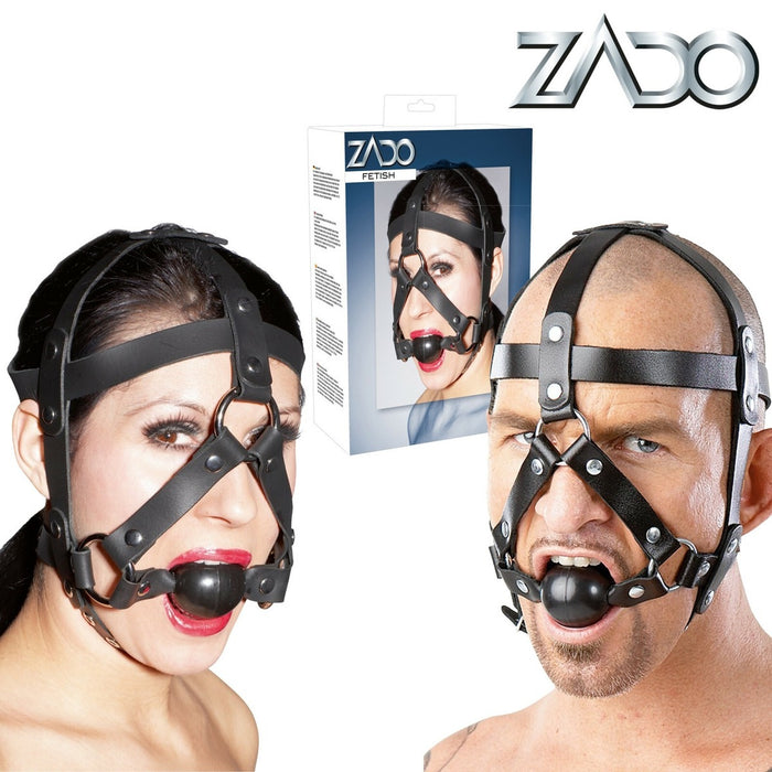 Кляп с ремнями для головы ZADO – кожаный, регулируемый