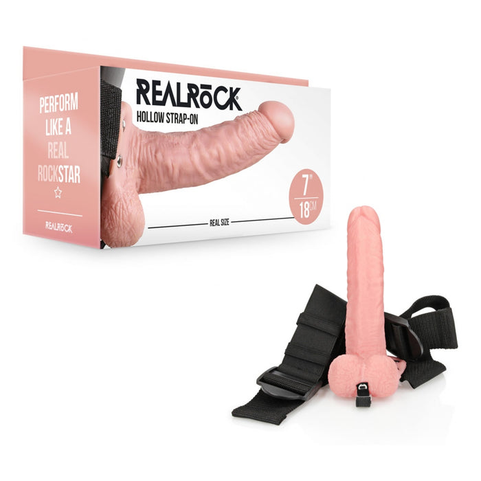 RealRock 7″ Hollow Strap-On With Balls – полый страпон с ремнями, light flesh